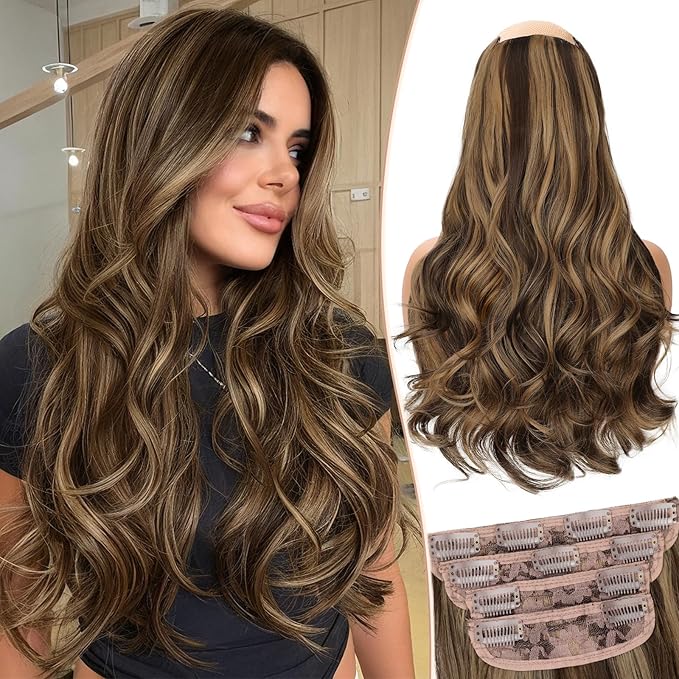 Kookastyle Clip in Hair Extensions, Natural Long Layered Soft Invisible Synthetic Curly Hairpieces for Women,4 pcs(20 Inch,Balayage Dark Brown to Chestnut)