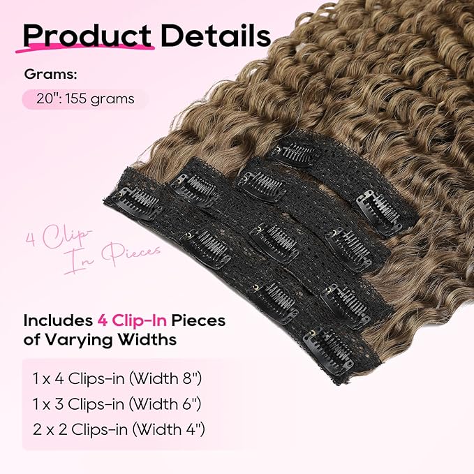 REECHO Hair Extensions - 4PCS 20" Water Wave Clip in Hair Extensions 100% Super Protein Silky Soft Natural Look with Invisible Lace Weft Hairpieces for Women - Golden Walnut