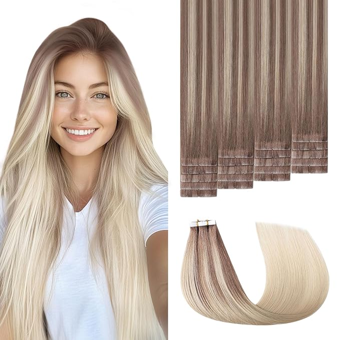 3rd-Generation Invisible Tape in Hair Extensions Real Human Hair #8/60 Ash Brown to Platinum Blonde 20pcs 45g 20inch Injection Hand-Tied Invisi Edge Tape ins Extensions（#8/60-20inch）