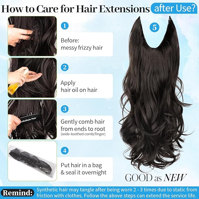 KooKaStyle Invisible Wire Hair Extensions 18"Long Wavy Layered Synthetic Clip in Hair Extensions with Transparent Wire Adjustable Size 6 Secure Clips Dark Brown Thick Hairpieces for Women 18Inch