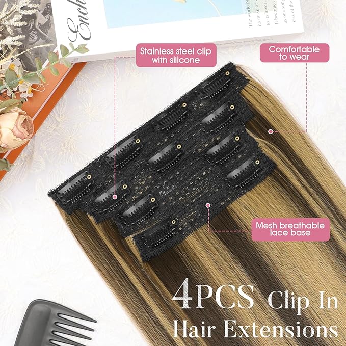 Clip in Hair Extensions Long Straight Hairpieces 22 Inch 4PCS Ultra-thin and breathable Hairpieces Fiber Double Weft Hair for women Balayage Chocolate Brown to Caramel Blonde Color