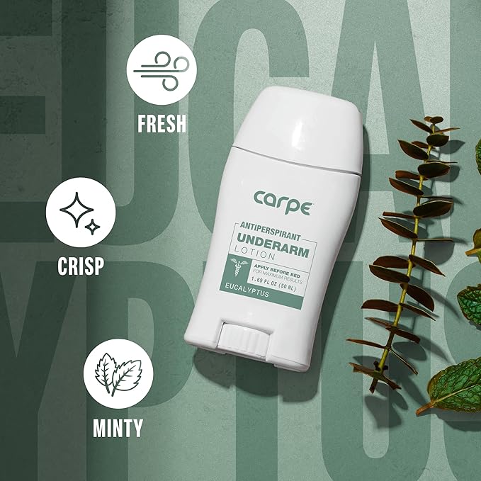 Carpe Underarm Antiperspirant and Deodorant, Clinical strength antiperspirant with all-natural eucalyptus scent, Combat excessive sweating and stay fresh. Great for hyperhidrosis (Pack of 2)