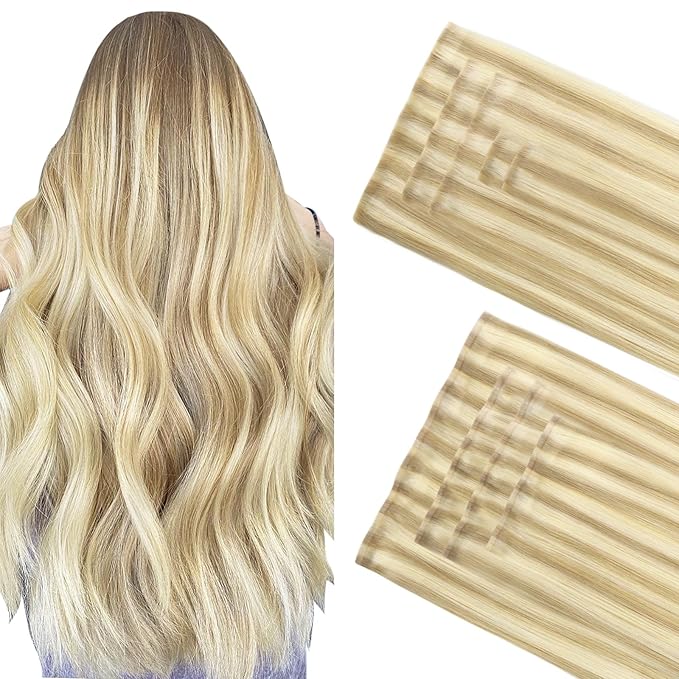 GOO GOO Invisi Edge Clip in Hair Extensions Set, 14inch 130g, 5pcs Injected Seamless PU Clip ins and 4pcs Classical PU Clip ins, Virgin Real Human Hair, #P18A/613A