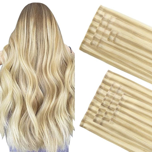 GOO GOO Invisi Edge Clip in Hair Extensions Set, 14inch 130g, 5pcs Injected Seamless PU Clip ins and 4pcs Classical PU Clip ins, Virgin Real Human Hair, #P18A/613A