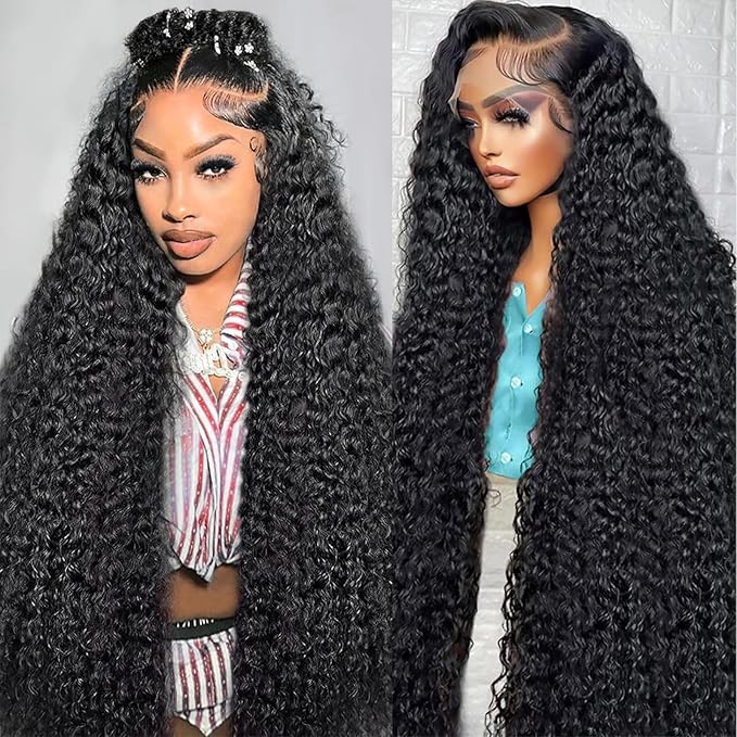 13x6 Deep Wave Lace Front Wigs Human Hair HD Full Lace Frontal Wigs Pre Plucked Bleached Knots 180% Density Deep Curly Human Hair Wig Natural Color 34Inch