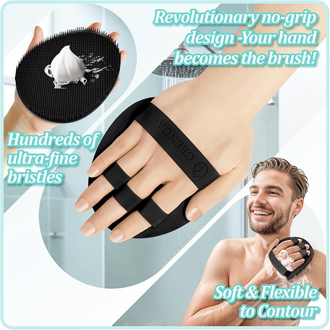 Soft Silicone Bath Glove & Face Scrubber Set 2PCS, 360° Anti-Slip & Hand-fit Body Scrubber for Rich Foaming Deep Cleaning, Unique Facial Scrubber with Side-bristles for Contoured Areas.(Black)