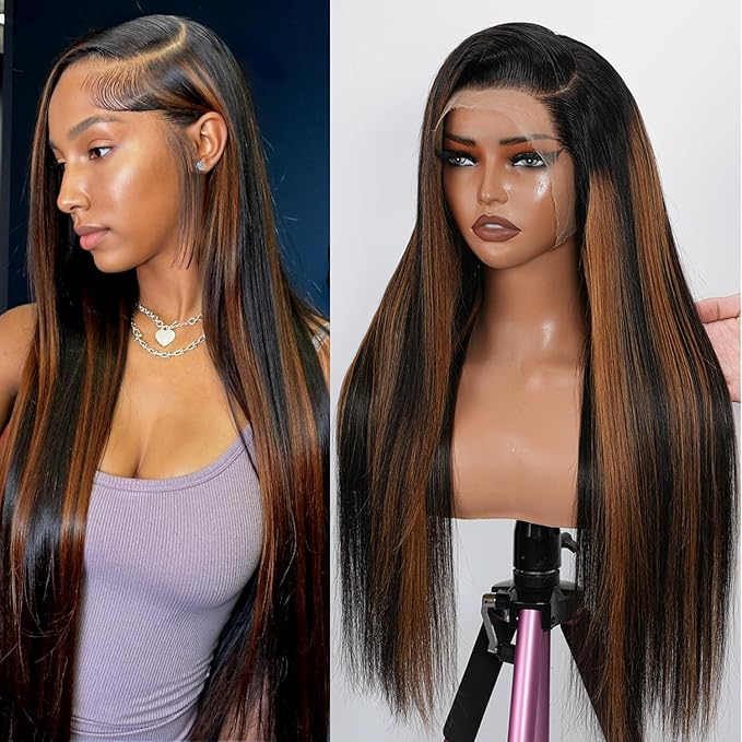32 Inch 13x6 Full Real Skinlike HD Lace Front Wig Human Hair Pre Plucked 200 Density Straight 1B/30 Highlight Ombre Wigs 100% Raw Human Hair No Synthetic Blend No Tangle / Shedding Triple Lifespan 3X