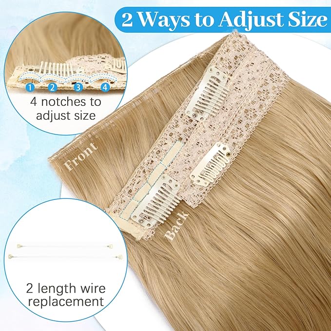 KooKaStyle Invisible Wire Hair Extensions 20"Long Wavy Layered Synthetic Clip in with Adjustable Size 6 Secure Clips Golden Blonde Natural Soft Thick Hairpieces for Women 20 Inch