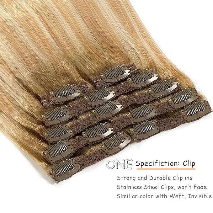 Caliee Hair Extensions Clip in Human Hair 16inch Invisible Double Weft Lace Clip in Hair Extenisons for Full Head 120g Balayage Human Hair Extensions Clip in Remy Hair Extenions Nutural Straight Hair