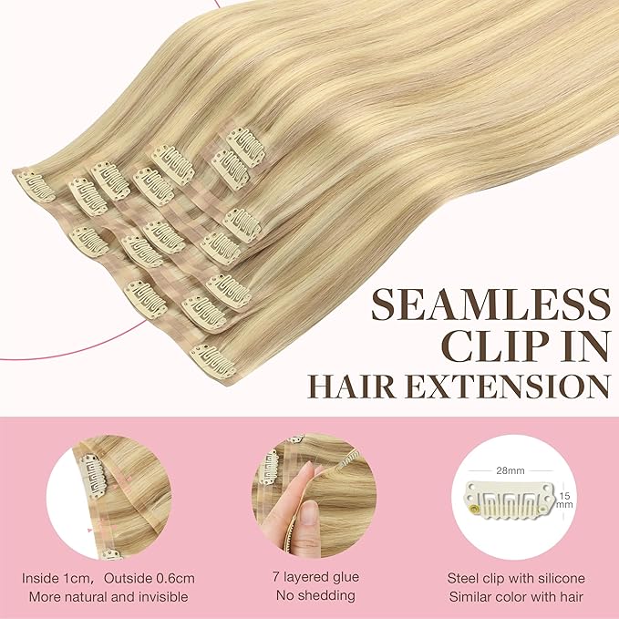 GOO GOO Clip in Hair Extensions Real Human Hair, Remy Human Hair Extensions Clip ins for Women, Natural Human Hair, 16inch 110g 7Pcs, 18D/22F Dirty Blonde Highlights