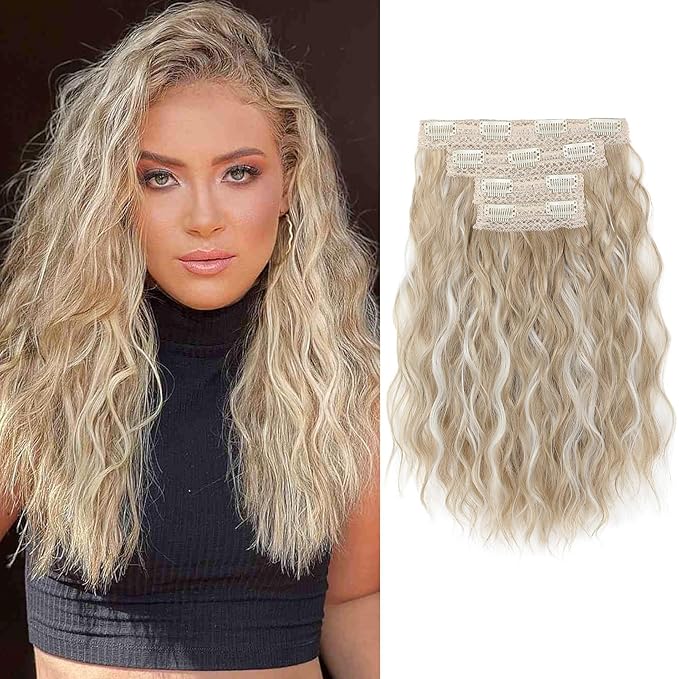 REECHO Clip in Hair Extensions, 4PCS Hair Extensions 14" Short Wavy Invisible Lace Weft Natural Soft Hairpieces for Women – Ash Blonde with Highlights