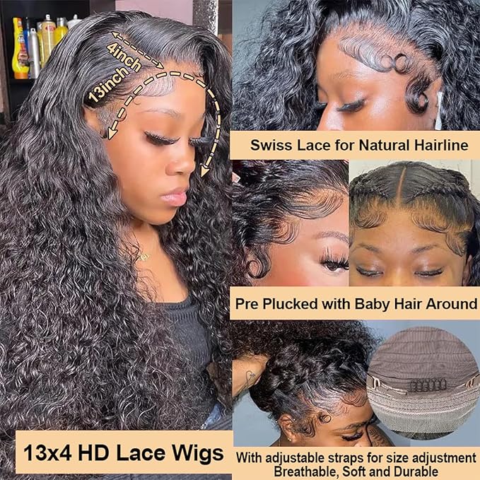 34 Inch Deep Wave Lace Front Wigs Human Hair 200% Density 13x4 HD Transparent Full Lace Frontal Wigs Human Hair 12A Deep Curly Glueless Wigs Human Hair Pre Plucked for Black Women 3X Longer Lifespan
