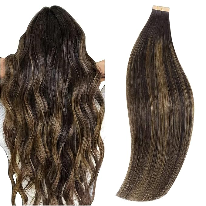 DOORES Tape in Human Hair Extensions Remy, 20 Inch 80g Thick Balayage Dark Brown to Chestnut Brown 20pcs Real Hair Tape in Straight Natural Glue in Extensions Human Skin Weft