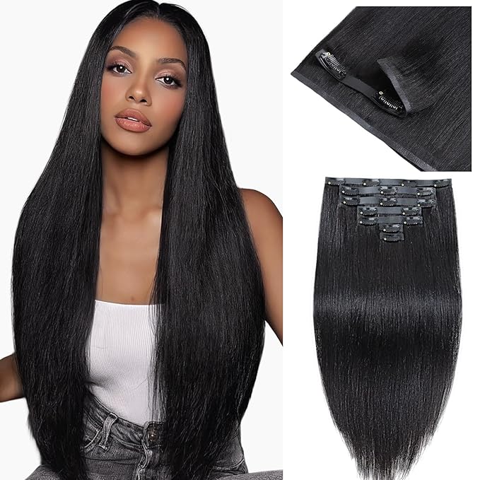 IDN BEAUTY Seamless Clip In Hair Extensions Human Hair, Yaki Straight 14 Inch 110g 7pcs Natural Black Remy Virgin Human Hair Seamless Clip Ins For Black Women PU Weft Invisible Edge