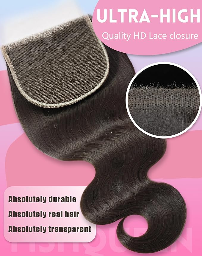 Body Wave Human Hair 5x5 HD Swiss Lace Closure Only 0.095mm Ultra-Thin Invisible Bleached Knots Frontal HD Lace Closure Pre-Plucked Skinlike Brazilian Raw Human Hair(5x5 Natural Black 20 Inch)