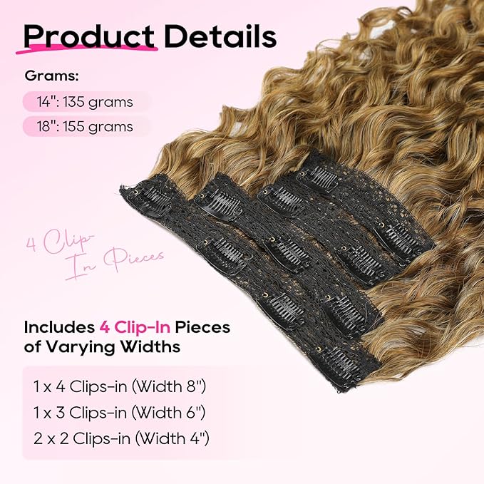 REECHO Clip in Hair Extensions - 4PCS 18" GoGo Curly Hair Extensions 100% Super Protein Hairpieces with Invisible Lace Weft Silky Soft Natural Look for Women - Mocha Foil with Lighter Ends
