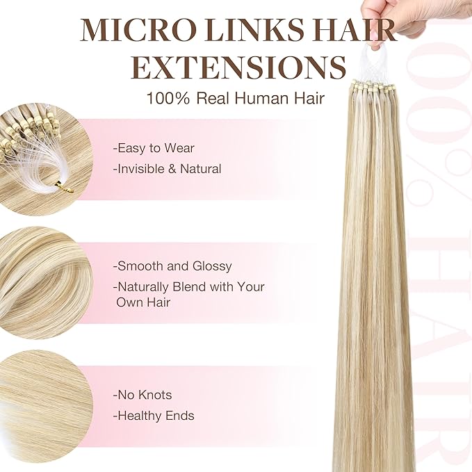 GOO GOO Micro Link Tip Hair Extensions Real Human Hair, 18inch 50g 50S, Cold Fusion Micro Link Tip Hair Extensions, Invisible Remy Hair Extensions, 18A/613A Dark Blonde Highlighted Bleach Blonde