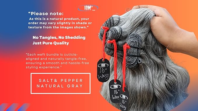 16” Wavy Salt & Pepper/Natural Gray 3 bundles. Its 100% Natural Indian Virgin Raw Hair Extensions .Natural color unprocessed and not treated with any kind of chemicals