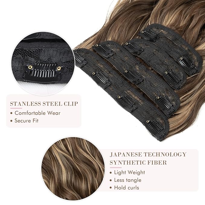 REECHO Hair Extensions, 4PCS Clip in Hair Extensions HE001 Natural Soft Synthetic Hairpieces for Women, Chocolate Brown with Blonde Highlights