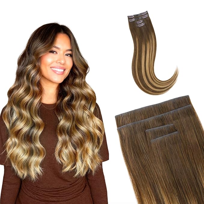 GOO GOO Invisi Edge Clip in Hair Extensions, 16inch 50g 4Pcs, Injected Seamless PU Clip in Hair Extensions, Virgin Real Human Hair, #4/27/4 Balayage Chocolate Brown to Caramel Blonde