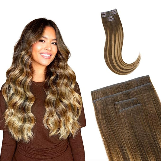 GOO GOO Invisi Edge Clip in Hair Extensions, 16inch 50g 4Pcs, Injected Seamless PU Clip in Hair Extensions, Virgin Real Human Hair, #4/27/4 Balayage Chocolate Brown to Caramel Blonde