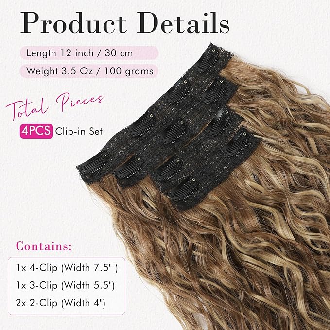 REECHO Clip in Hair Extensions - 4PCS 12" Short Curly Wavy Brown Hair Extensions with Invisible Lace Weft and Highlights