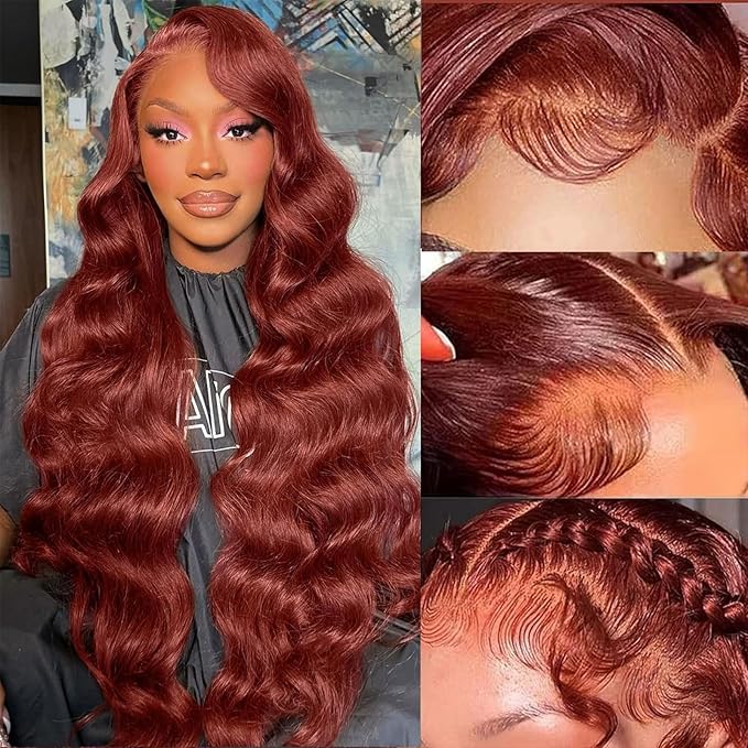Aicrelery Reddish Brown Wig Human Hair 30inch 13x6 Reddish Brown HD Lace Front Wigs 33b Auburn 13x6 Body Wave Frontal Wigs for Women 180% Density Super Soft Thick and Full Gluelss Wig 33# Color