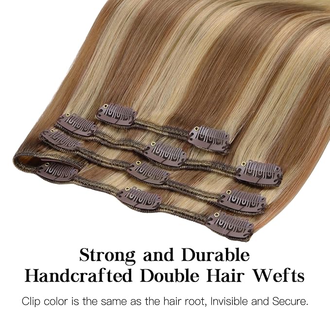 HOTBANANA Human Hair Clip in Hair Extensions, Balayage Coffee Brown Highlighted Sandy Blonde 120g Clip in Hair Extensions Real Human Hair Straight Remy Hair 20 Inch 7pcs