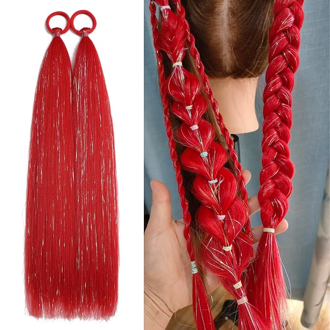 Colored Hair Extensions Red Ponytail Extension 2 Packs, 20 inch Crazy Hair Day Accessories for Women, DIY Festival Wacky Rave Braids,Tinsel Mixed