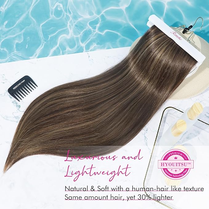 REECHO 28" Straight Long 4 PCS Set Thick Clip in on Hair Extensions -Chocolate Brown with Highlights
