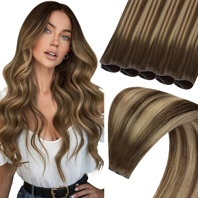Sunny Hair Genius Weft Hair Extensions Human Hair Balayage Genius Weft Human Hair Extensions Chocolate Brown to Caramel Blonde One Piece Sew in Weft Extensions For Women Real Hair 18inch