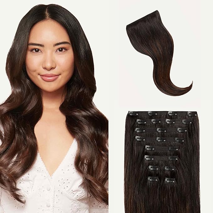 Luxy 100% Remy Human Hair, Classic 160g Clip-In Hair Extensions - 10 Wefts Multi-Dimensional Color for Natural Blending, Adds Volume & Length, Easy Apply & Remove 16" Off Black Bronde