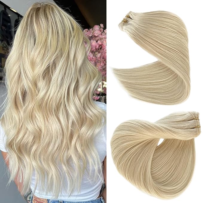 Weft Hair Extensions Human Hair Platinum Blonde Sew in Hair Extensions Real Human Hair Thick Straight Hand Tied Remy Human Hair Weft Platinum Blonde Sew in Bundles 12 Inch 80grams