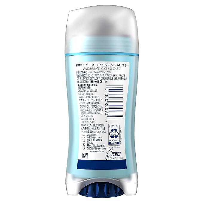 Secret Aluminum Free Deodorant for Women, 48hr Odor Protection, Naturally Derived Ingredients, Free of Parabens Dyes Talc & Baking Soda, PH Balanced, Dry Solid, Lavender Scent, 2.4 oz