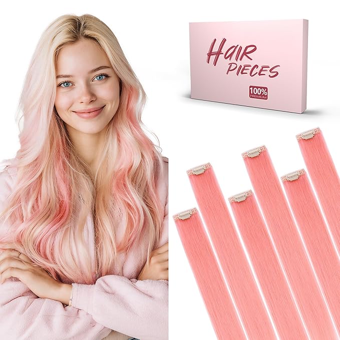 SEGO Single Pink Clip In Hair Extensions Real Human Hair Short 6 Pcs Individual Colored Clip Ins Highlight Remy Balayage Straight Soft Seamless Hairpieces for Women -20 Inch #Pink