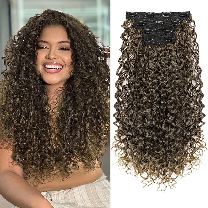 Flufymooz Clip in Hair Extensions, 4PC 100％ Pure Protein Silk Hair Extensions Long Soft Natural Hairpiece 20 Inch Curly Hair Extension for Women Ash Dark Brown to Ligh Brown