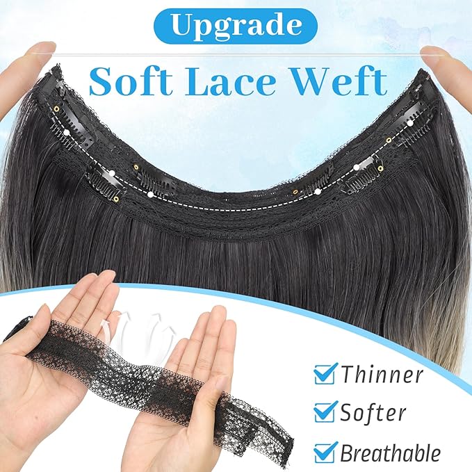 KooKaStyle Invisible Wire Hair Extensions 20"Long Wavy Layered Synthetic Clip in with Adjustable Size 6 Secure Clips Ombre Black to Ash Blonde Natural Soft Thick Hairpieces for Women 20 Inch
