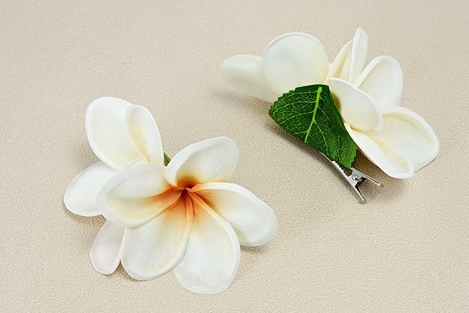 Pack of 2 Real Touch Flowers Hawaiian Flower Hair Clips Plumeria Hibiscus Hair Clips Handmade Hair Accessories for Beach Wedding Bridal Party Mother's Day Women Girls Holiday Gifts (c-813, 2pcs)