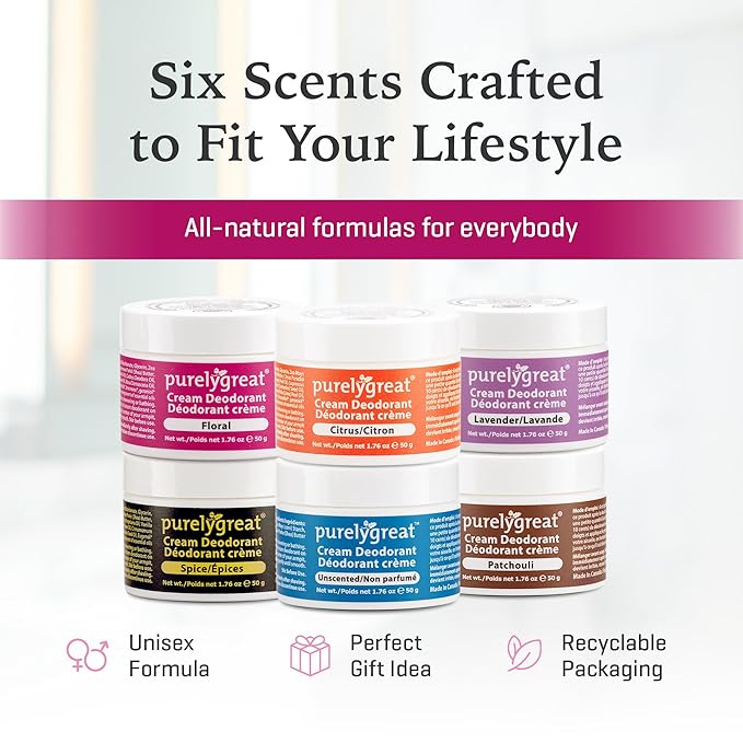 Purelygreat - Floral Scent Cream Deodorant, Chemical-Free Hygiene Essentials for Women, Natural Deodorant for Men with Soda & Corn Starch, No Sticky Residue, Parabens & BPA, 1.76 oz / 50 g
