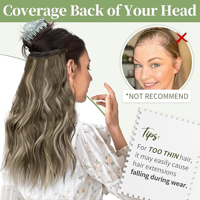 KooKaStyle Invisible Wire Hair Extensions with Transparent Headband Adjustable Size 4 Secure Clips Long Wavy Secret Wire Hairpiece 16 Inch 18H24#Medium Brown Ash Blonde for Women