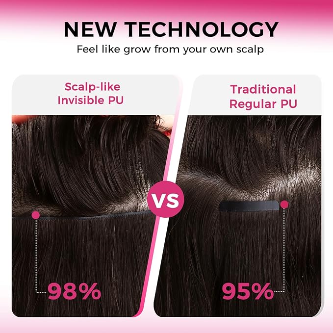 Lashey Invisi Edge Clip in Hair Extensions 14 Inch 110g 7pcs Injected Seamless PU Clip in Hair Extensions Virgin Human Hair, #2 Dark Brown Straight Hair
