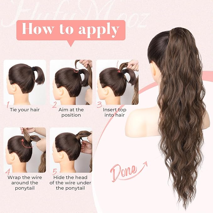 Flufymooz Ponytail Extension, Flexible Wrap Around Ponytail Extension Long Wavy Curly Ponytail Hair Extensions Natural pony tail Synthetic Hairpiece for Women 32 Inch (Dark Chocolate Brown)