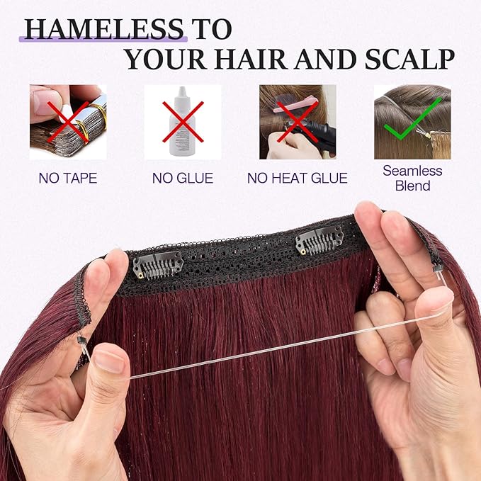 Halo Hair Extensions Real Human Hair,Halo Hair Extension 100% Human Hair, Wire Hair Extensions,Straight 99J Burgundy Wine Red 12inch/55g
