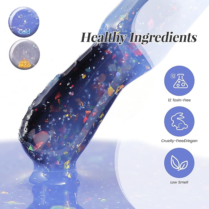 YTD Likomey Brocade Glitter Color Changing Gel Nail Polish,15ml Light Blue To Blue Shimmer Mood Temperature Change Colors Iridescent Flakes,Fall Winter Thermal Ombre UV Nail Gel,WB354