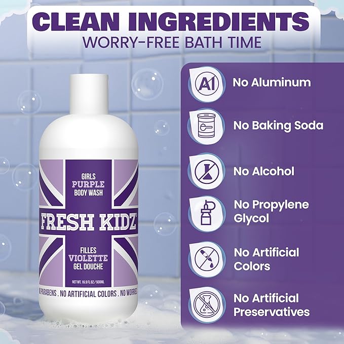 Fresh Kidz Body Wash 16.9 fl.oz. and Stick Deodorant 2.65 oz for Kids and Teens - Girls "Purple" Set