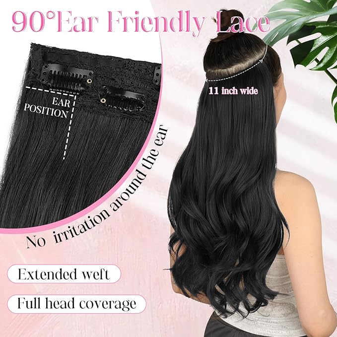 Invisible Wire Hair Extensions with Transparent Wire Adjustable Size 4 Secure Clips Long Wavy Secret Hairpiece 20 Inch for Women(Black)
