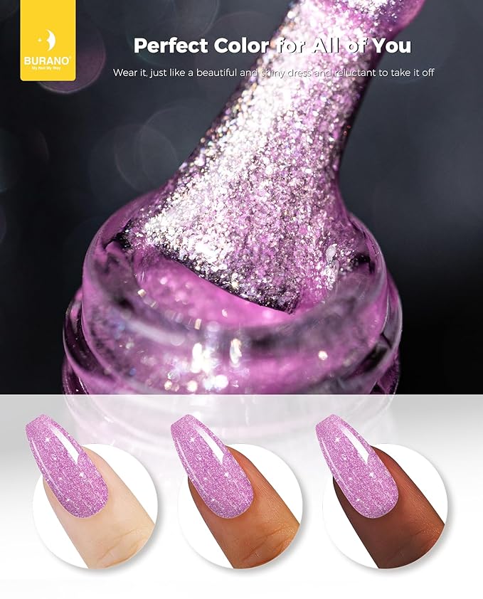 BURANO Glitter Gel Nail Polish, LED UV Nail Gel, Shimmer Holographic Effect, Soak off, No Chip Sparkle, Home DIY Nail Salon (Light Pink LP57)