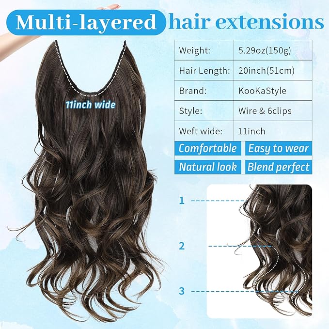 KooKaStyle Invisible Wire Hair Extensions 20"Long Wavy Layered Synthetic Clip in with Transparent Wire Adjustable Size 6 Secure Clips Dark Walnut Brown Thick Hairpieces for Women 20 Inch