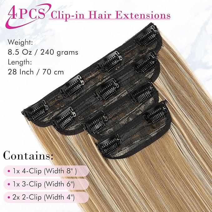 REECHO 28" Straight Long 4 PCS Set Thick Clip in on Hair Extensions - Dark Blonde with Highlights