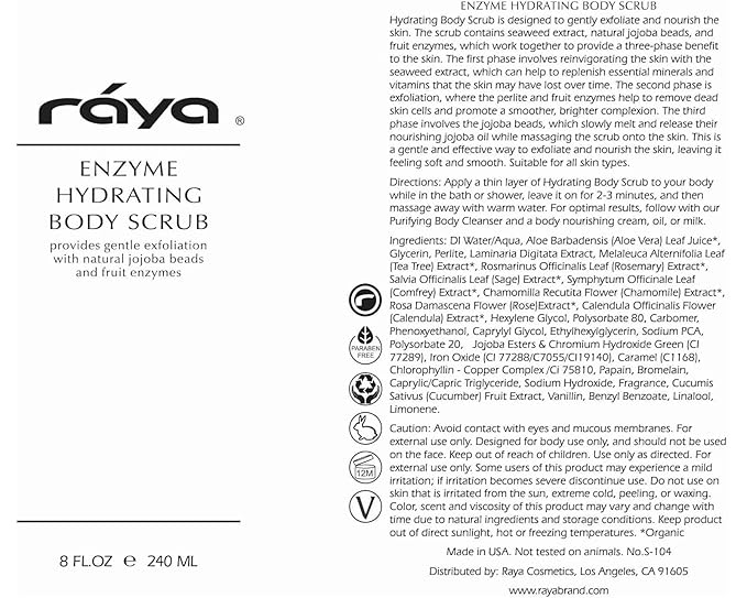 RAYA Enzyme Hydrating Body Scrub 16 oz Cucumber Scent (S-104) | Gentle and Exfoliating Body Scrub | Made with Seaweed, Jojoba Beads, and Fruit Enzymes